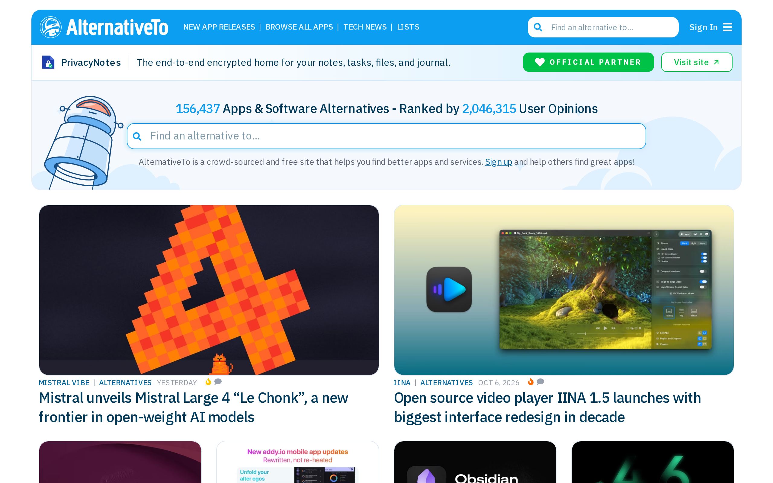 Homepage of AlternativeTo