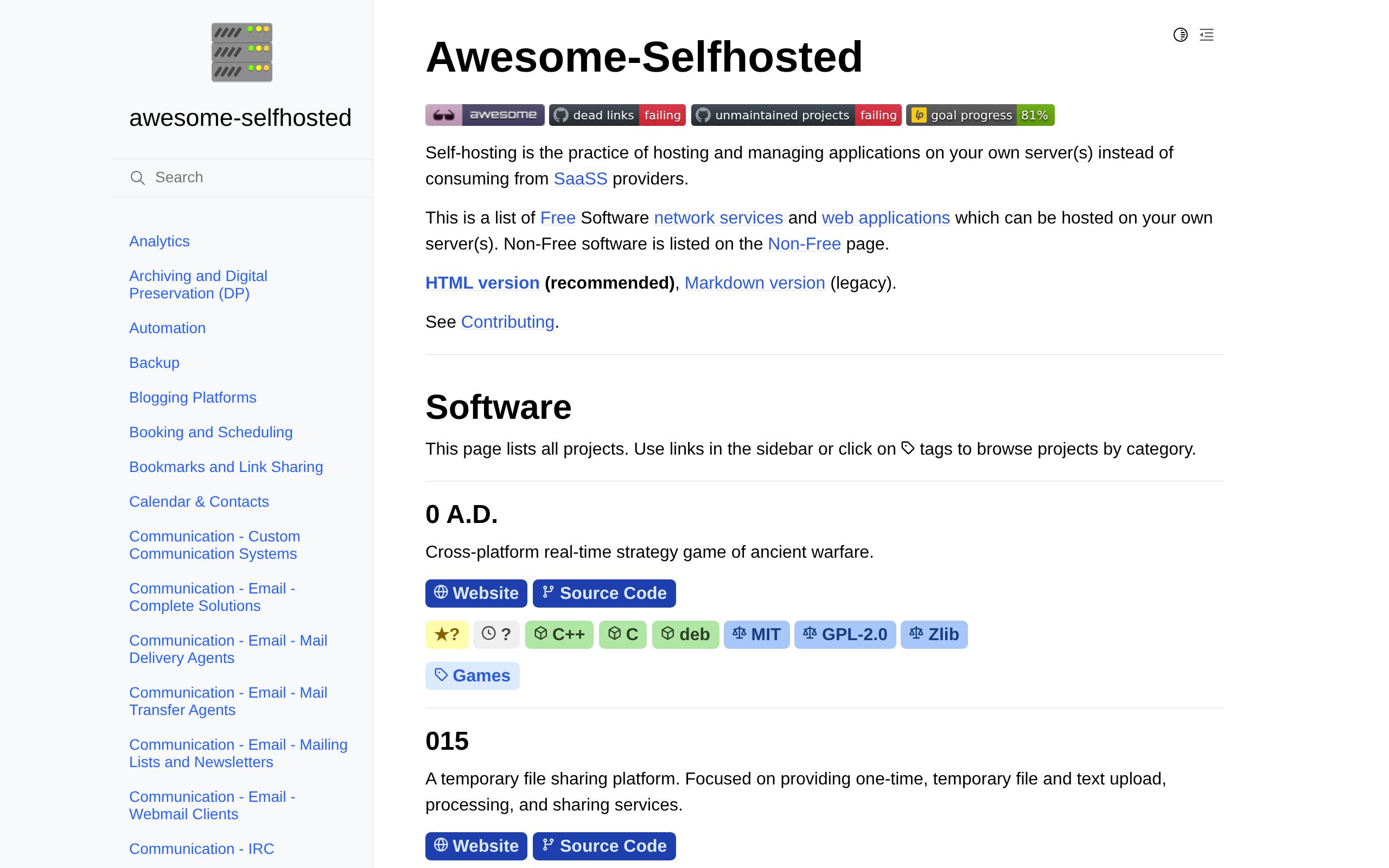 Homepage of Awesome Selfhosted