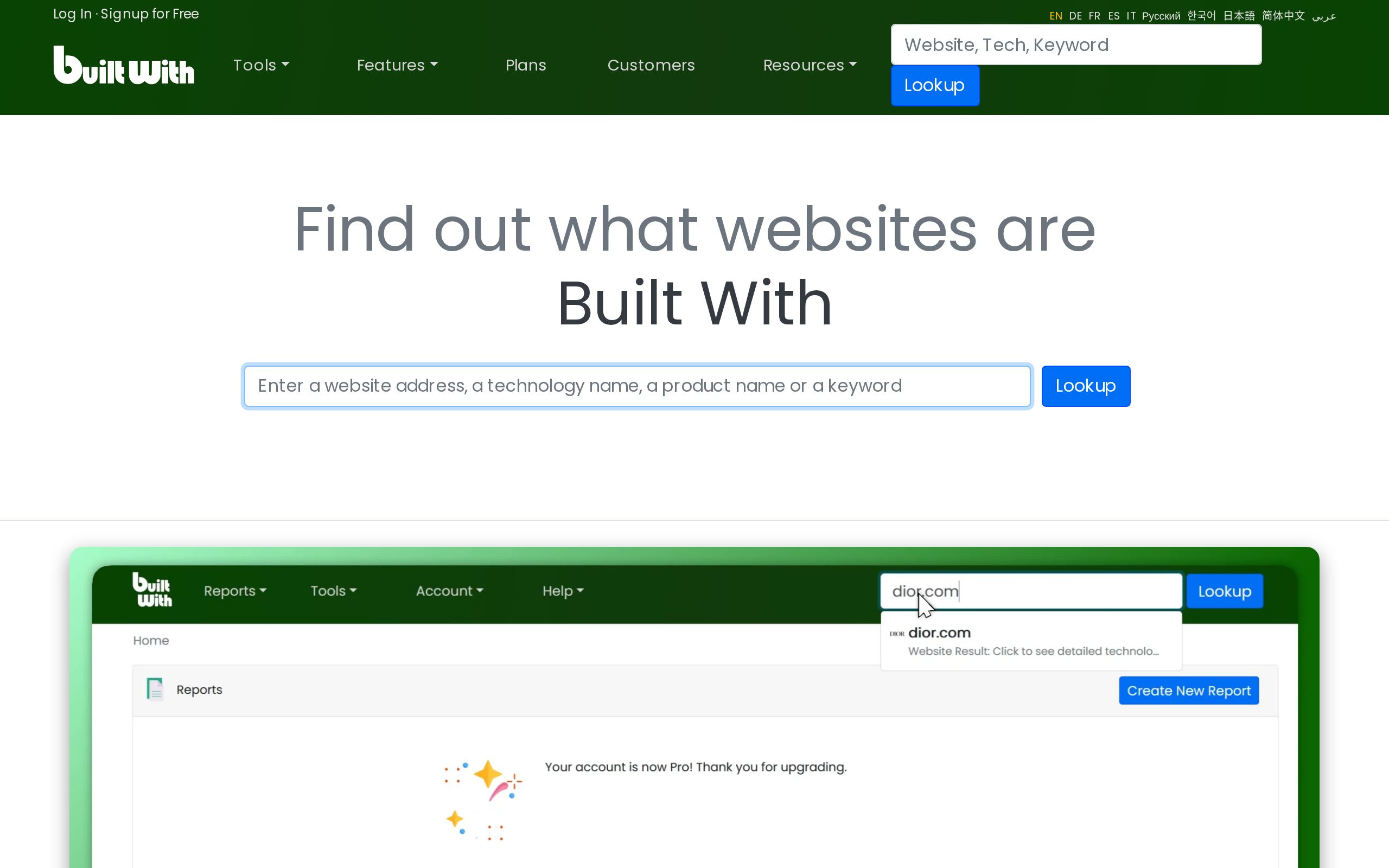 Homepage of BuiltWith