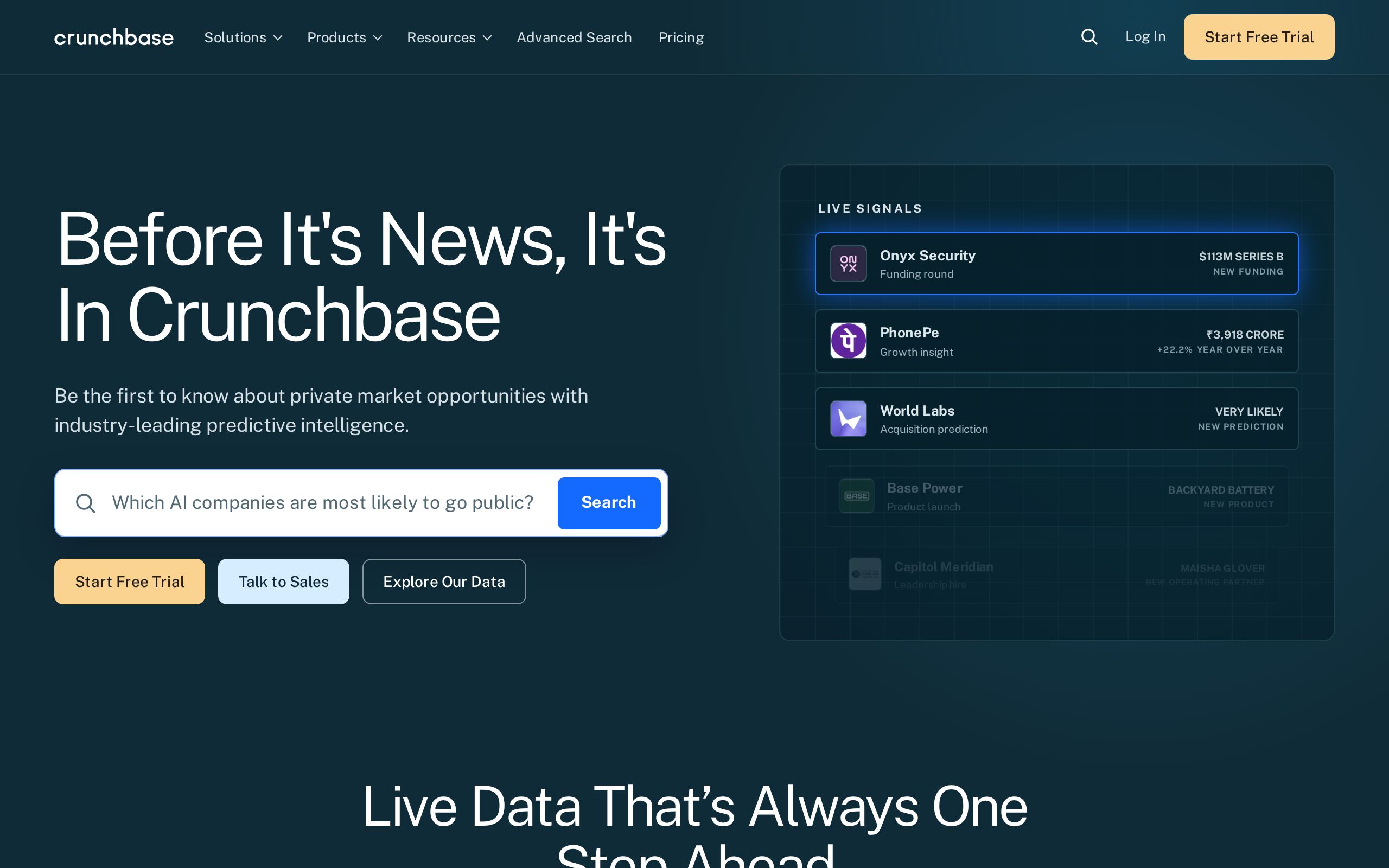 Homepage of Crunchbase