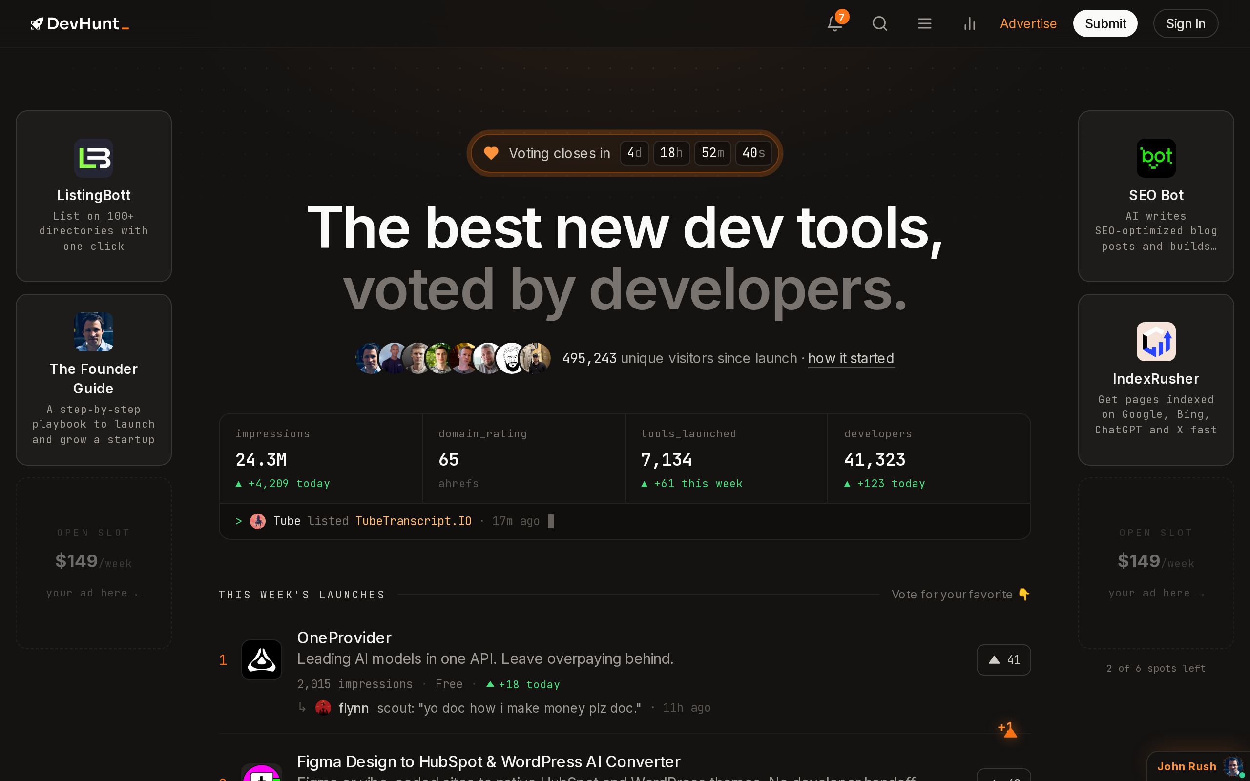 Homepage of DevHunt