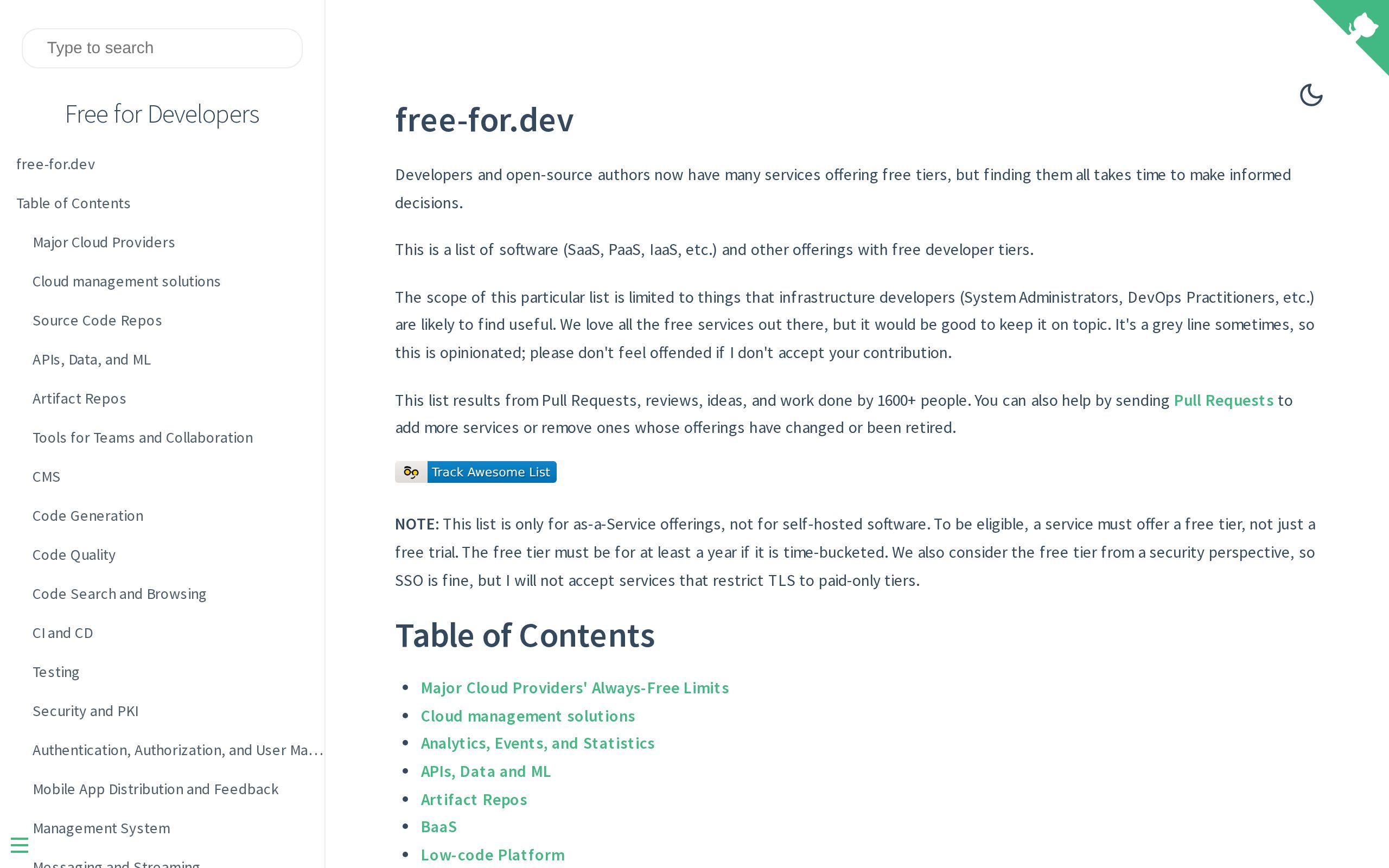 Homepage of free-for.dev