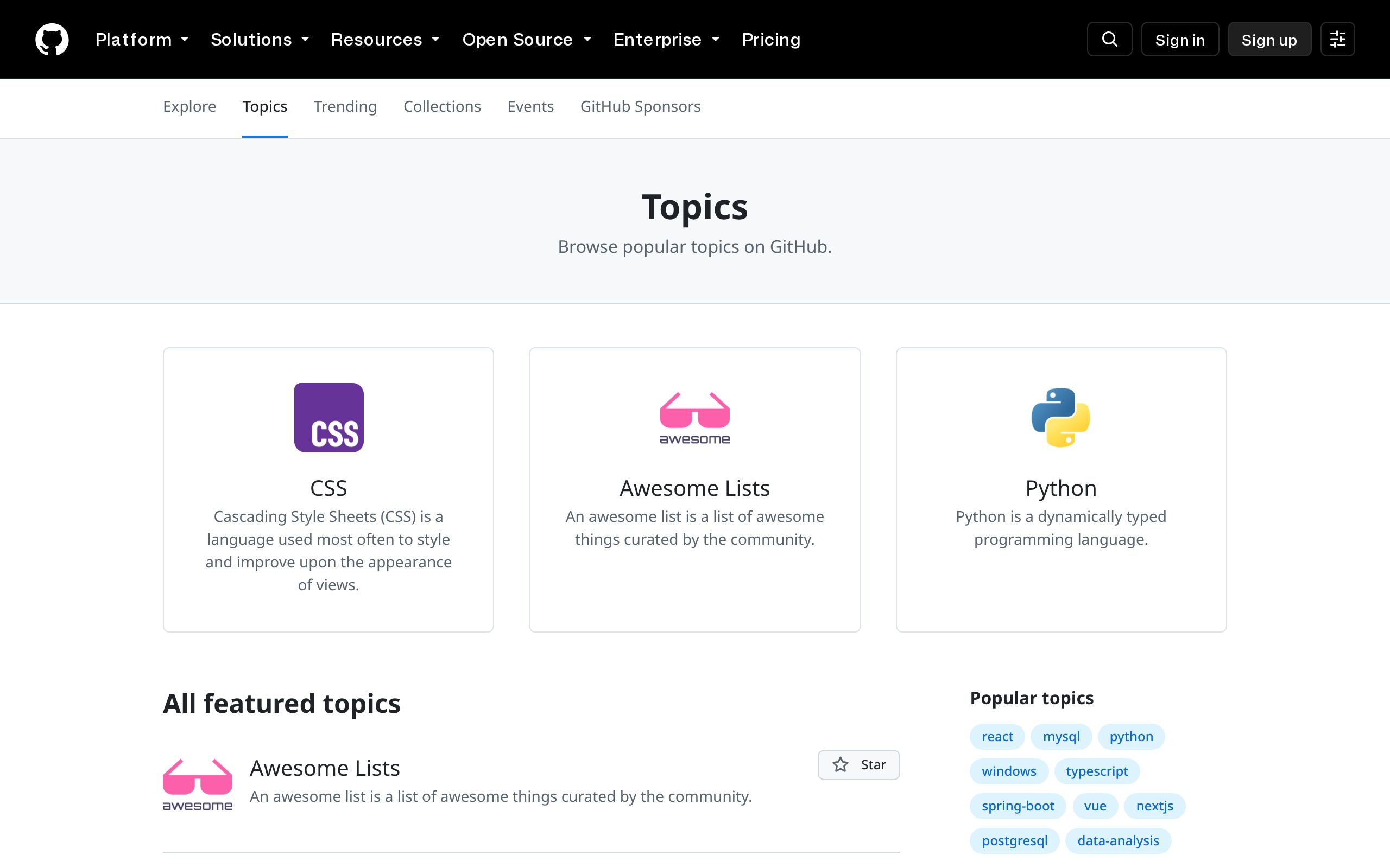 Homepage of GitHub Topics