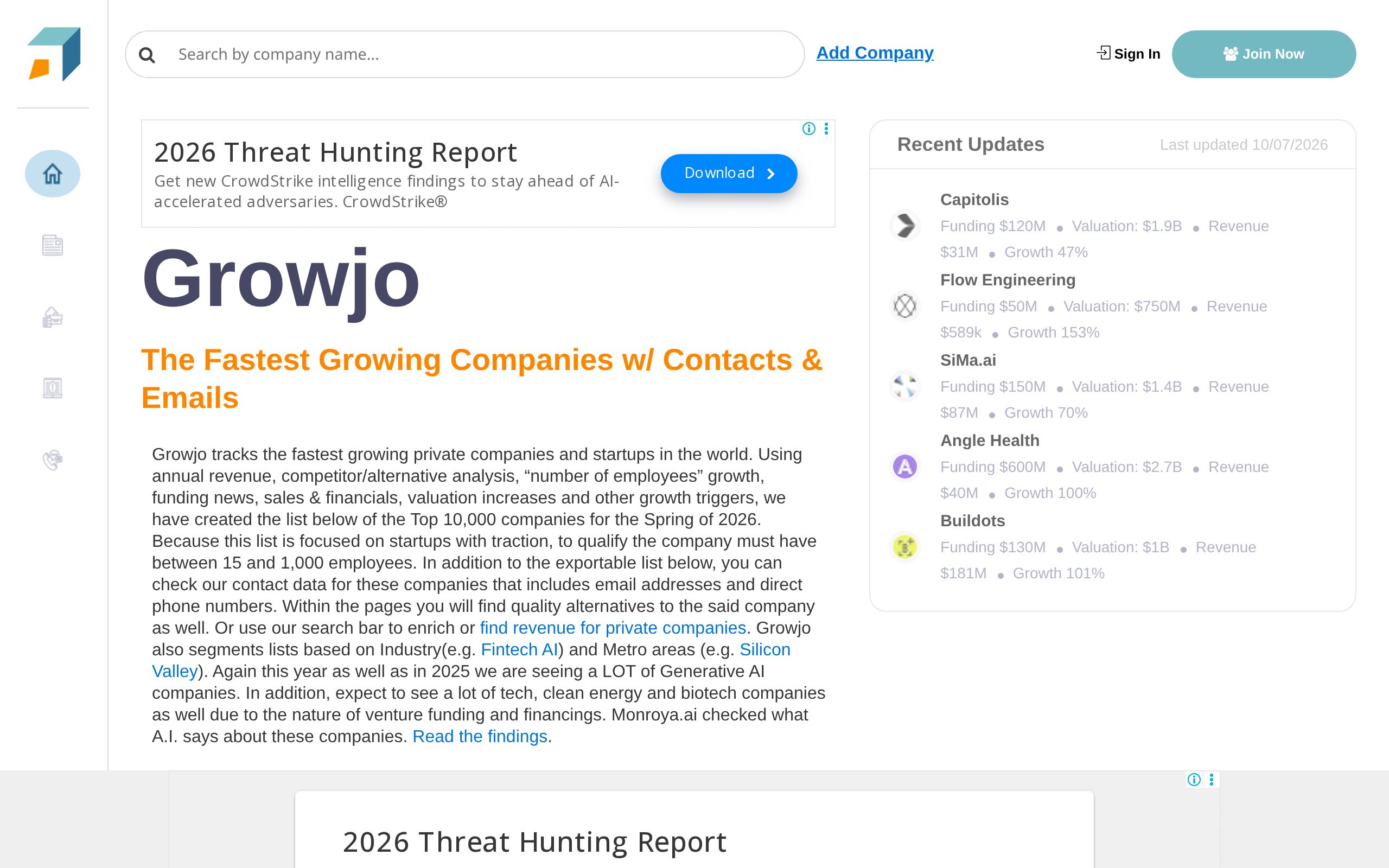 Homepage of Growjo