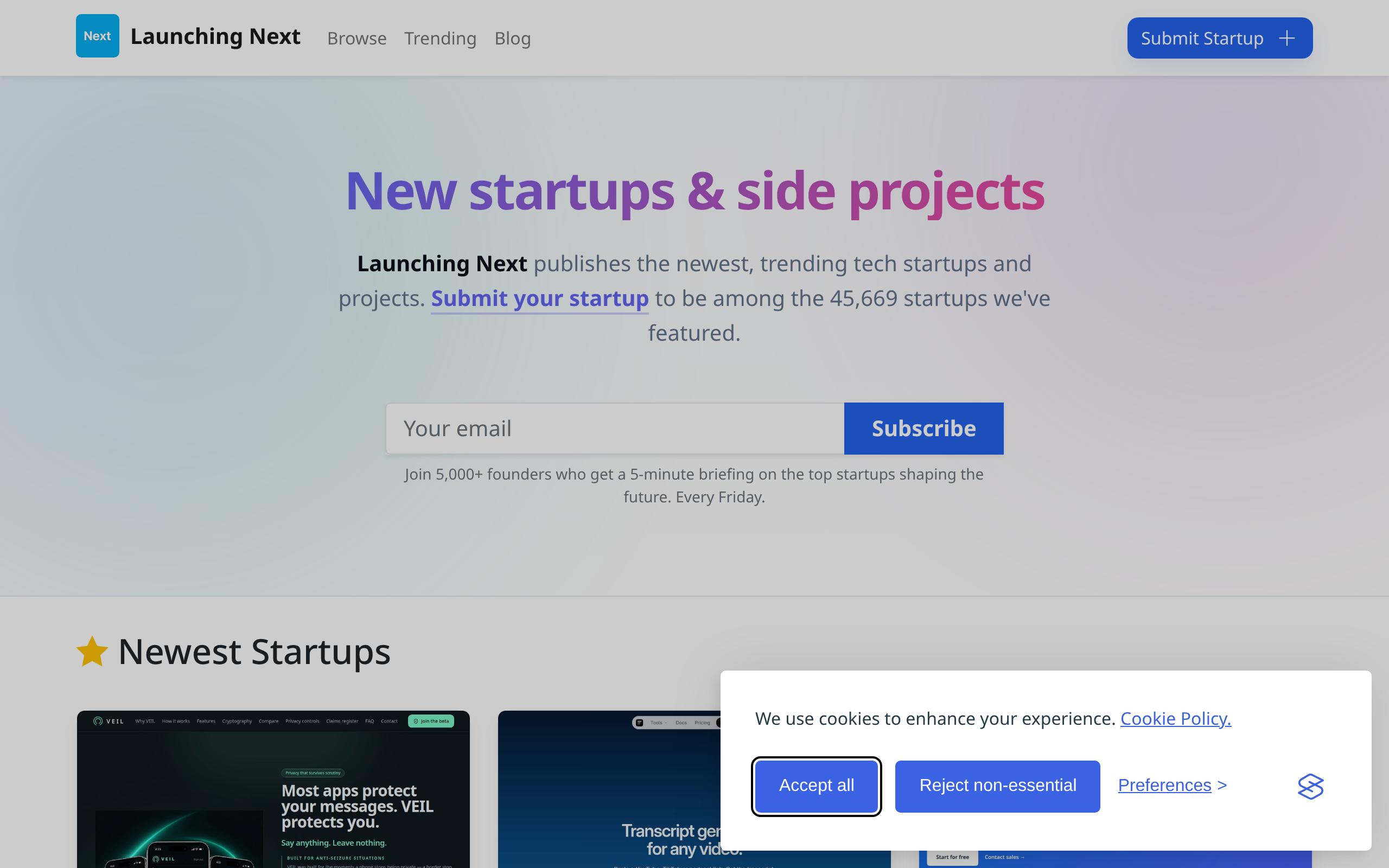 Homepage of Launching Next