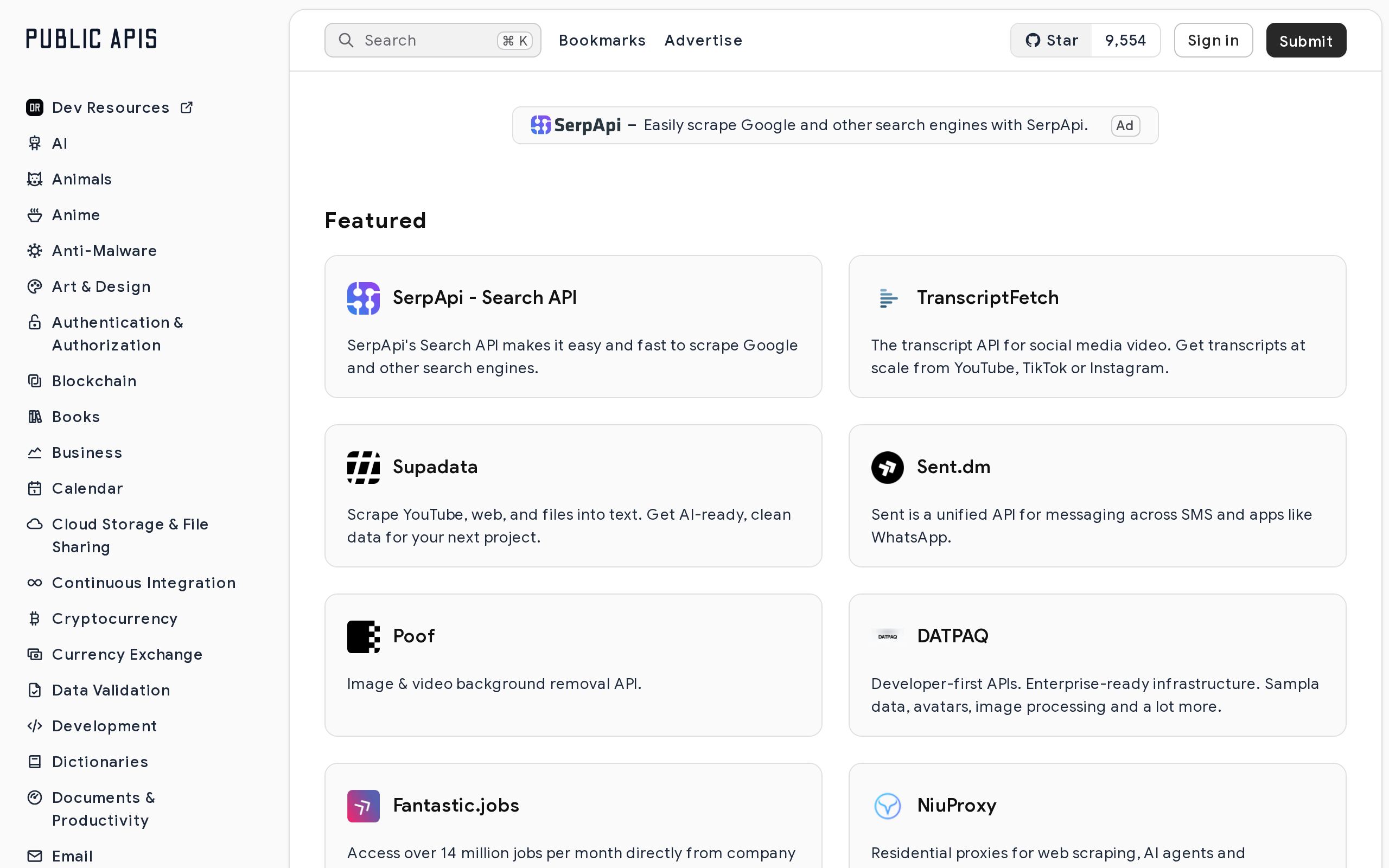 Homepage of Public APIs