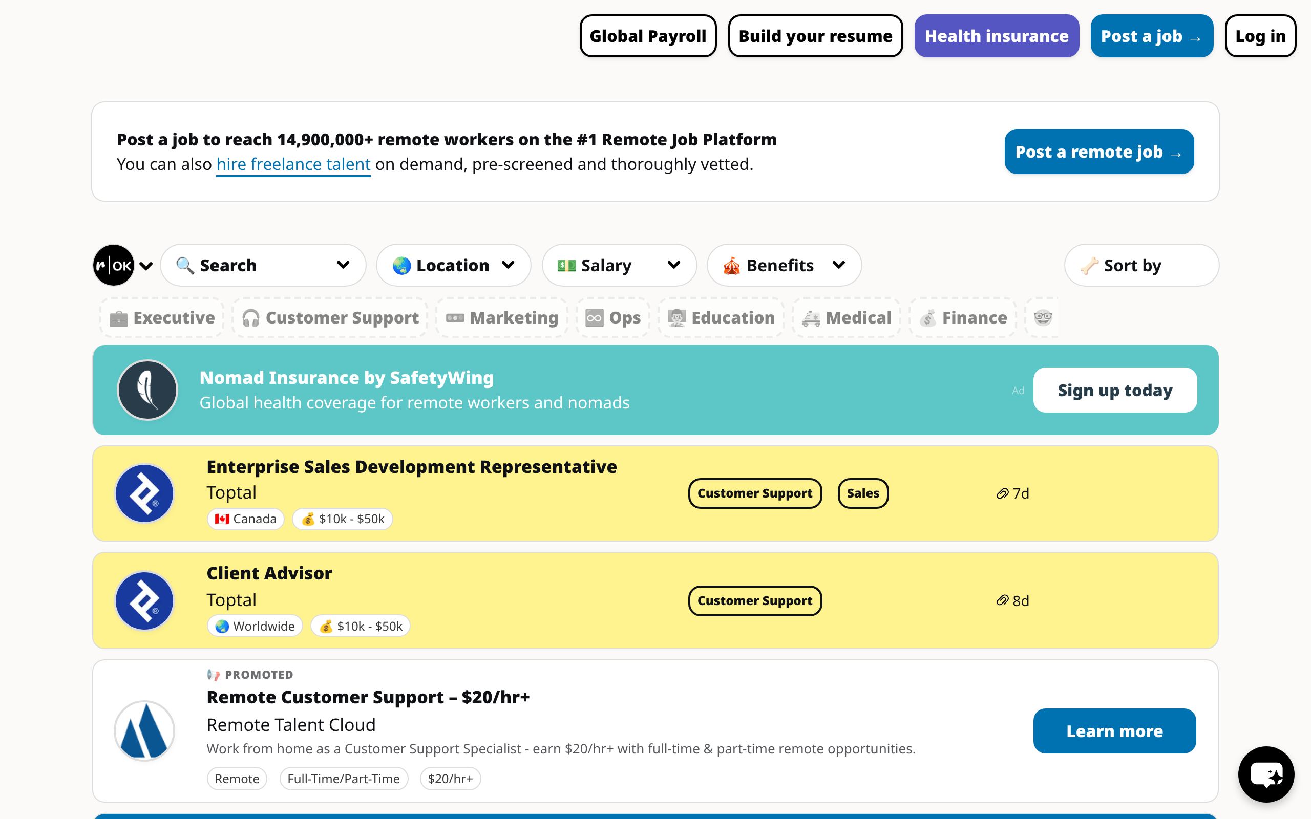 Homepage of RemoteOK