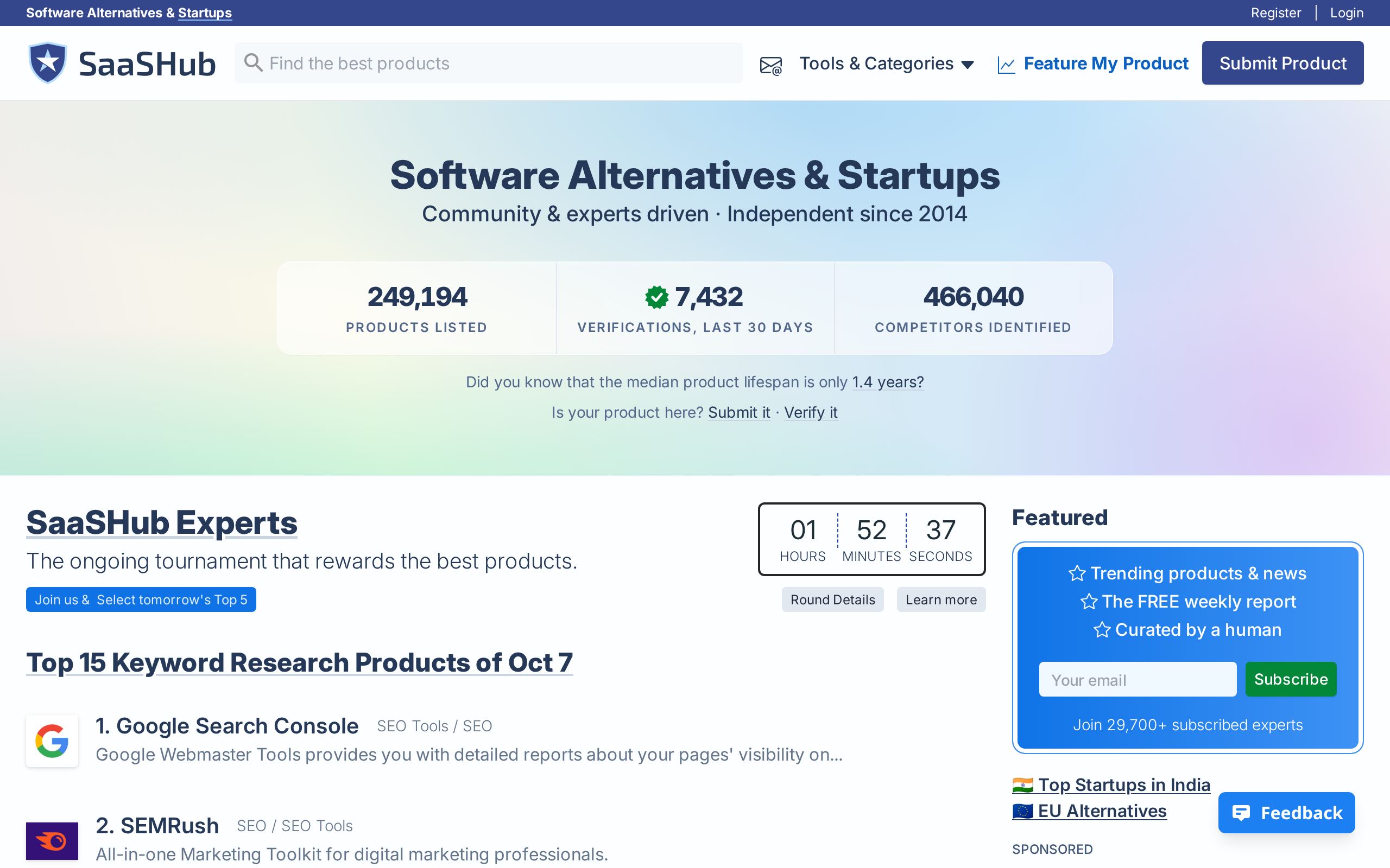 Homepage of SaaSHub
