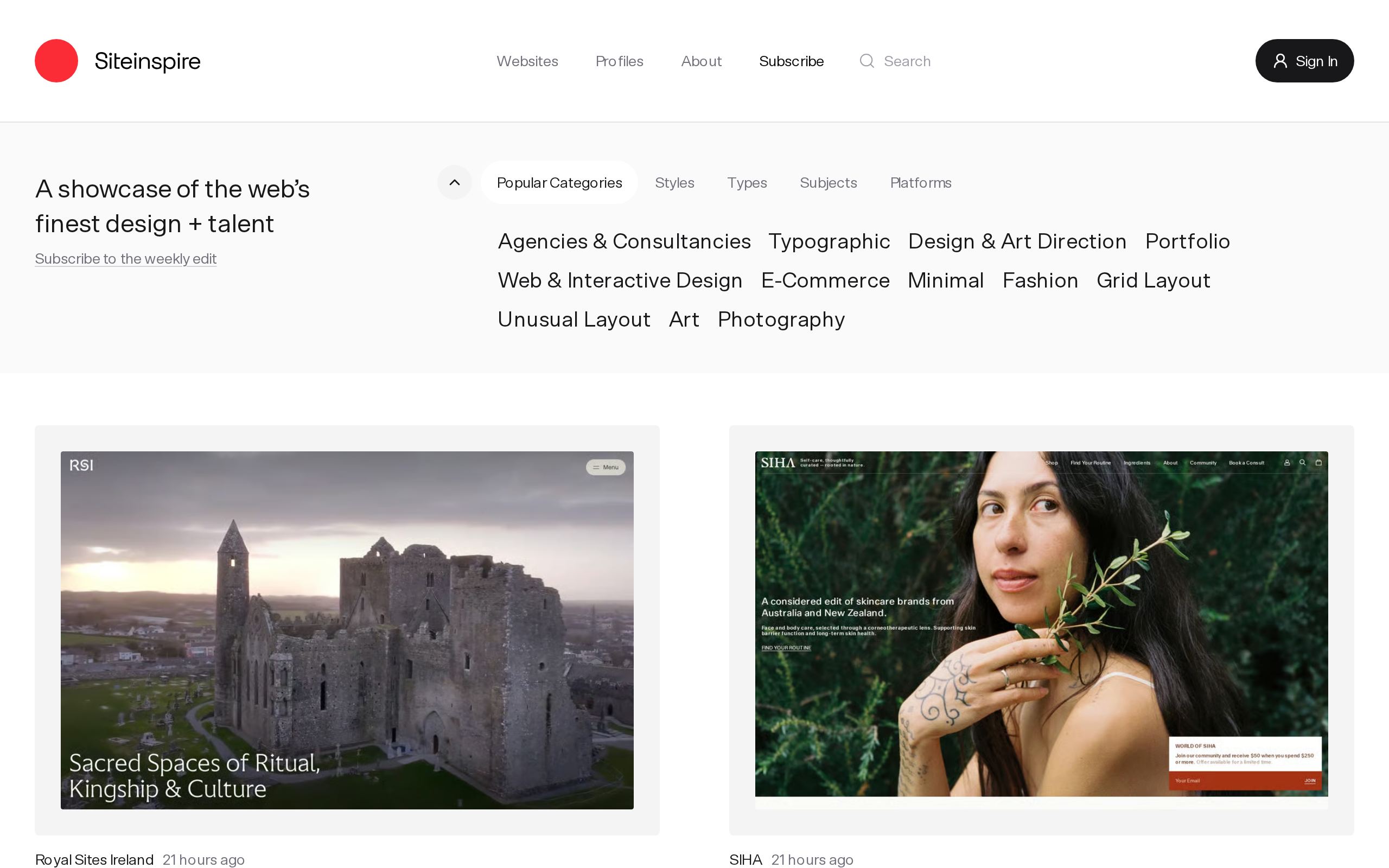 Homepage of SiteInspire