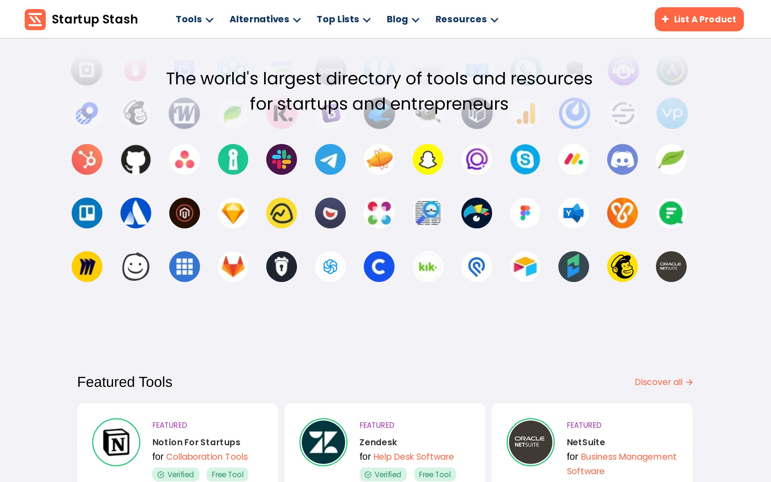 Homepage of Startup Stash