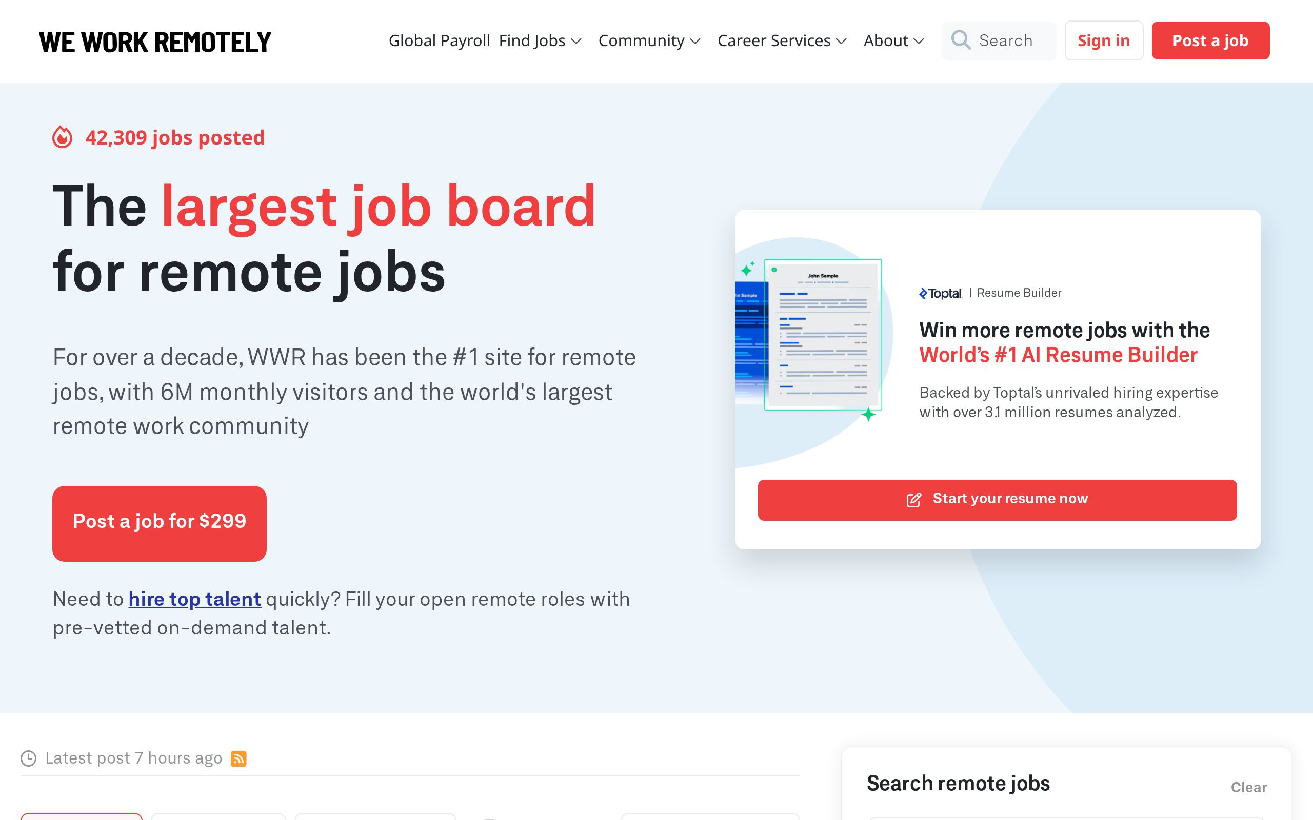 Homepage of We Work Remotely